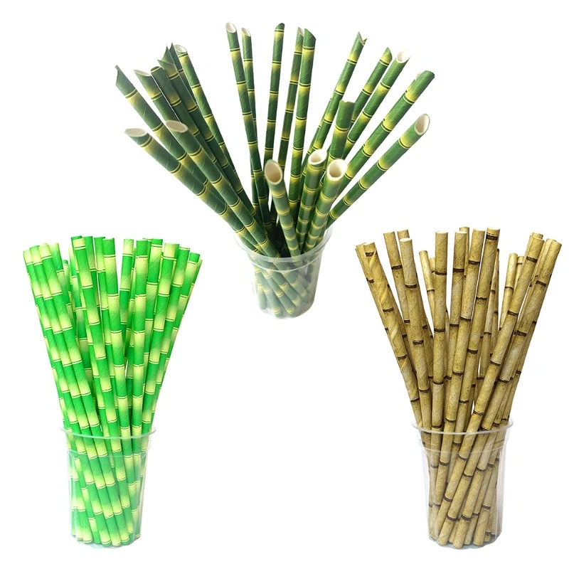 F92B Impresión bambú Biodegradable pajitas papel para fiesta para fiesta fácil usar lindo regalo