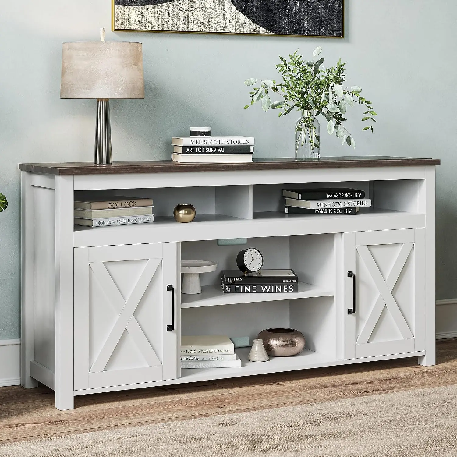 58 Inch TV Stand Entertainment Center Media Console Table with Open Shelves & Barn Door Cabinets for TVs up to 65