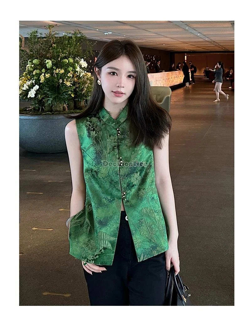 

2024 NEW chinese style temperament zen tea vest summer vintage improved tang suit vest stand collar sleeveless button waistcoat