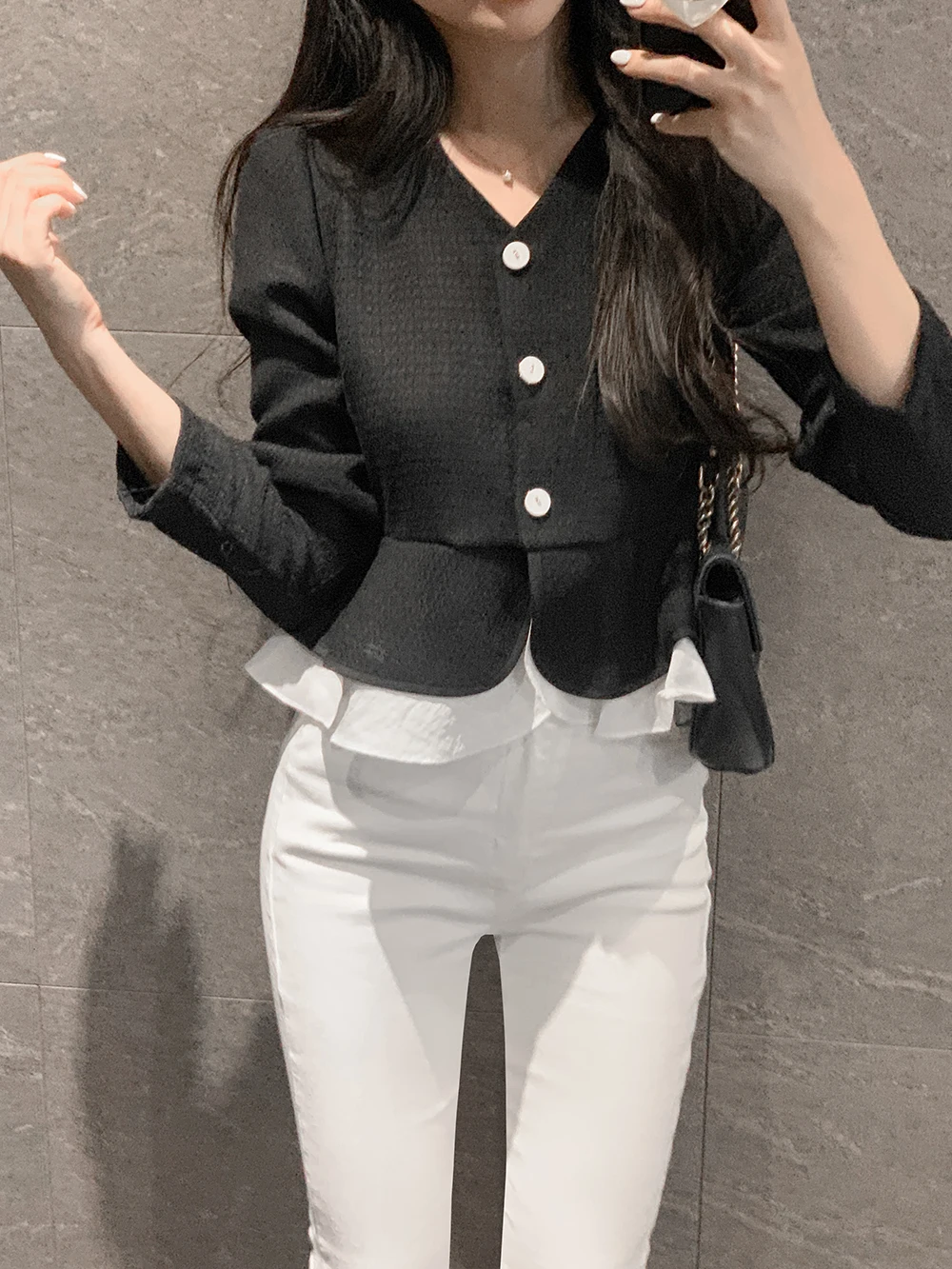 

Korean style Tweed Ruffle Hem Blazer, Panel Design, Women's Stylish Top