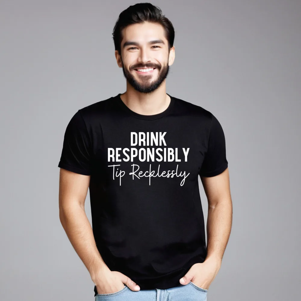 Tees Thanksgiving Day O-Neck 100% Cotton Fabric Mens T-shirts Womens Drink Responsibly Tip Recklessly Slogan Tops Shirt Family