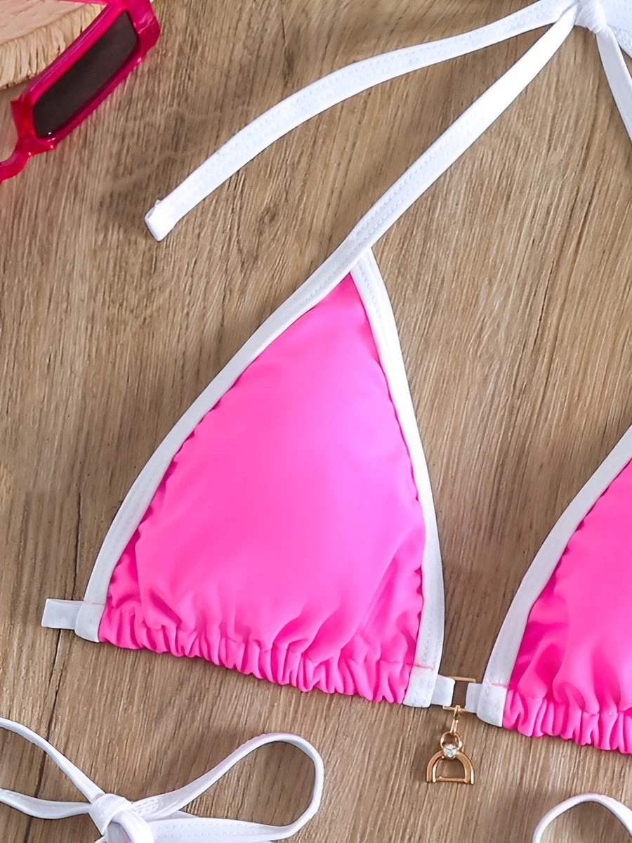 2025 Bikini triangular con cordón Halter, traje de baño de dos piezas para mujer, traje de baño acolchado, bañadores para mujer, traje de baño, ropa de playa