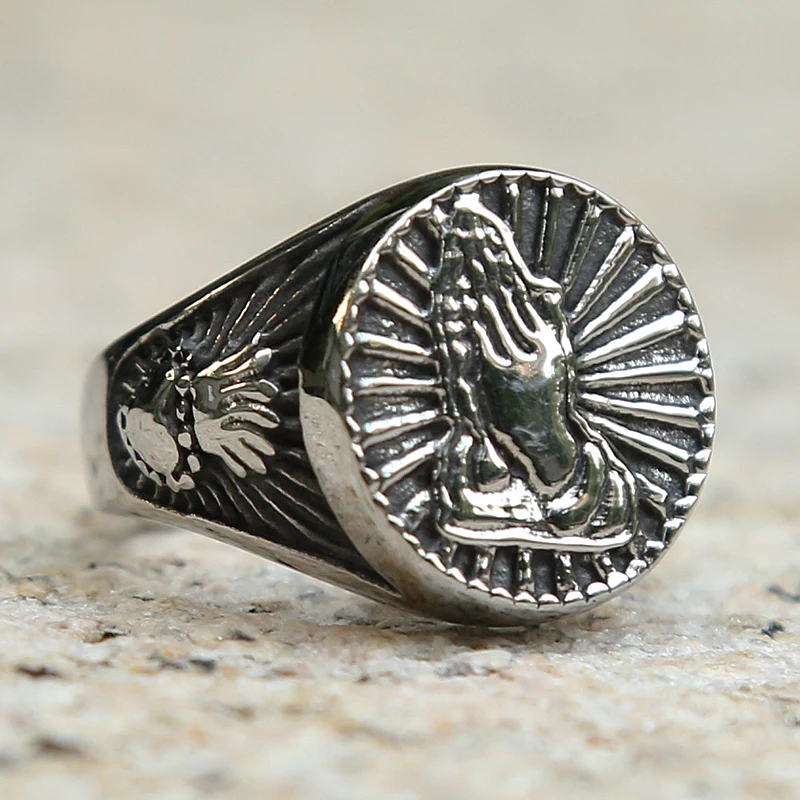 Vintage Gold/Silver Color Christ Prayer Signet Ring Men Women Crown Heart 316L Stainless Steel Biker Ring Fashion Lucky Ring