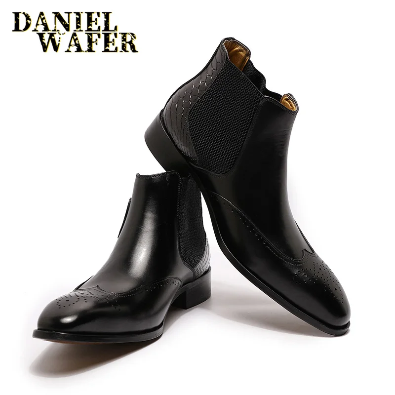 Luxury Chelsea Boots Genuine Leather Men\'s Ankle Boots High Grade Slip On Buckle Strap Wingtip Brown Black Shoes Basic Boots Men