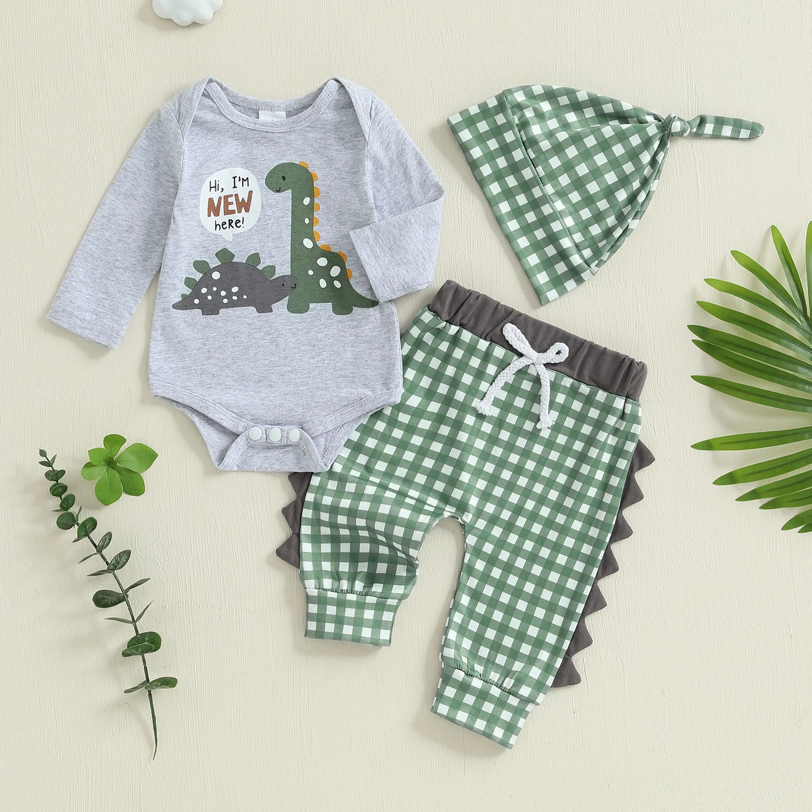 Baby Boy Birthday Outfit Dinosaur Print Long Sleeve Rompers and Elastic Plaid Pants Beanies Hat Set 3 Piece Fall Clothes 0-6m