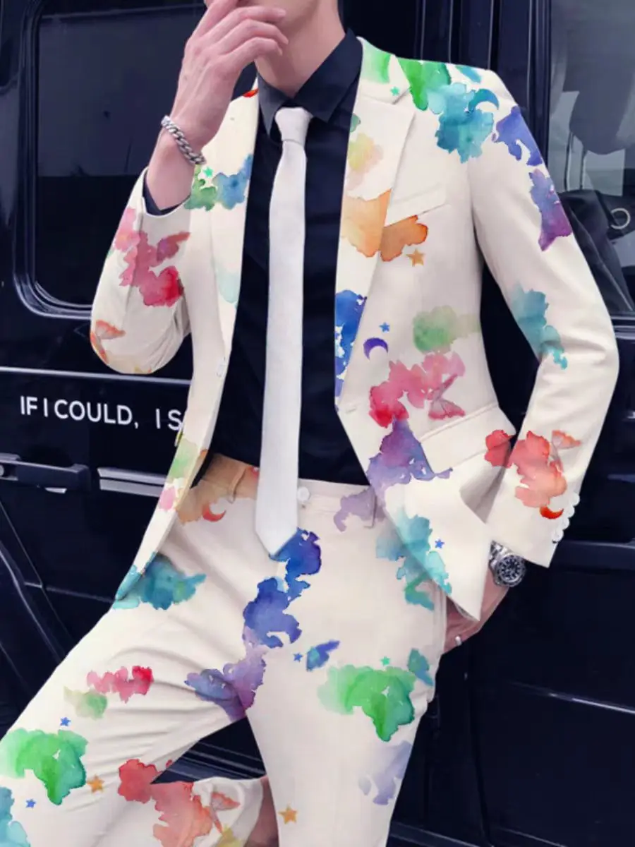 

Chinese Feng Shui Ink Printed Color Suit Business Professional Set Wedding Groom Wedding Dress Men Singer Performance Clothing