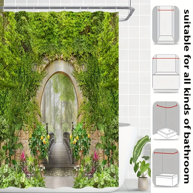 1pc Nature Inspired Shower Curtain, Spring Scenery With Stone Arch Wooden Bridge Greenery Leaves Vines, Outdoor Landscape Patter