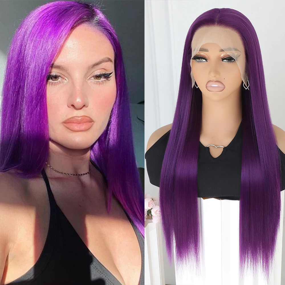 Apolaurel Dark Purple Synthetic Lace Front Wig 13x4 Silky Straight Long Hair Wig for Women Purple Color Cosplay Daily Wear