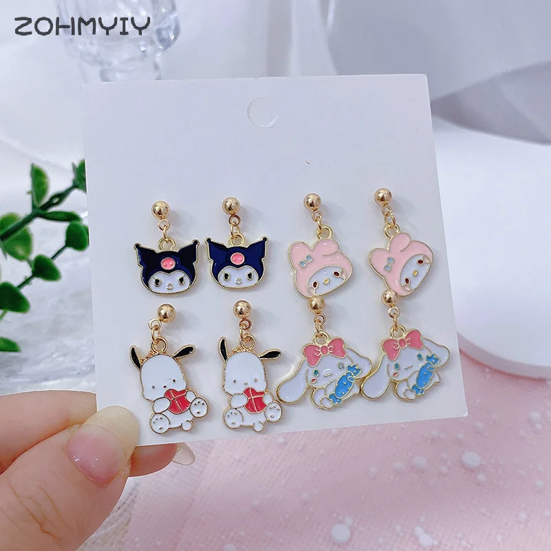 Cute Sanrio Melody Kuromi Cinnamoroll Pochacco Hello Kitty Earrings For Women Girls Fashion Cartoon Anime Figures Stud Earrings