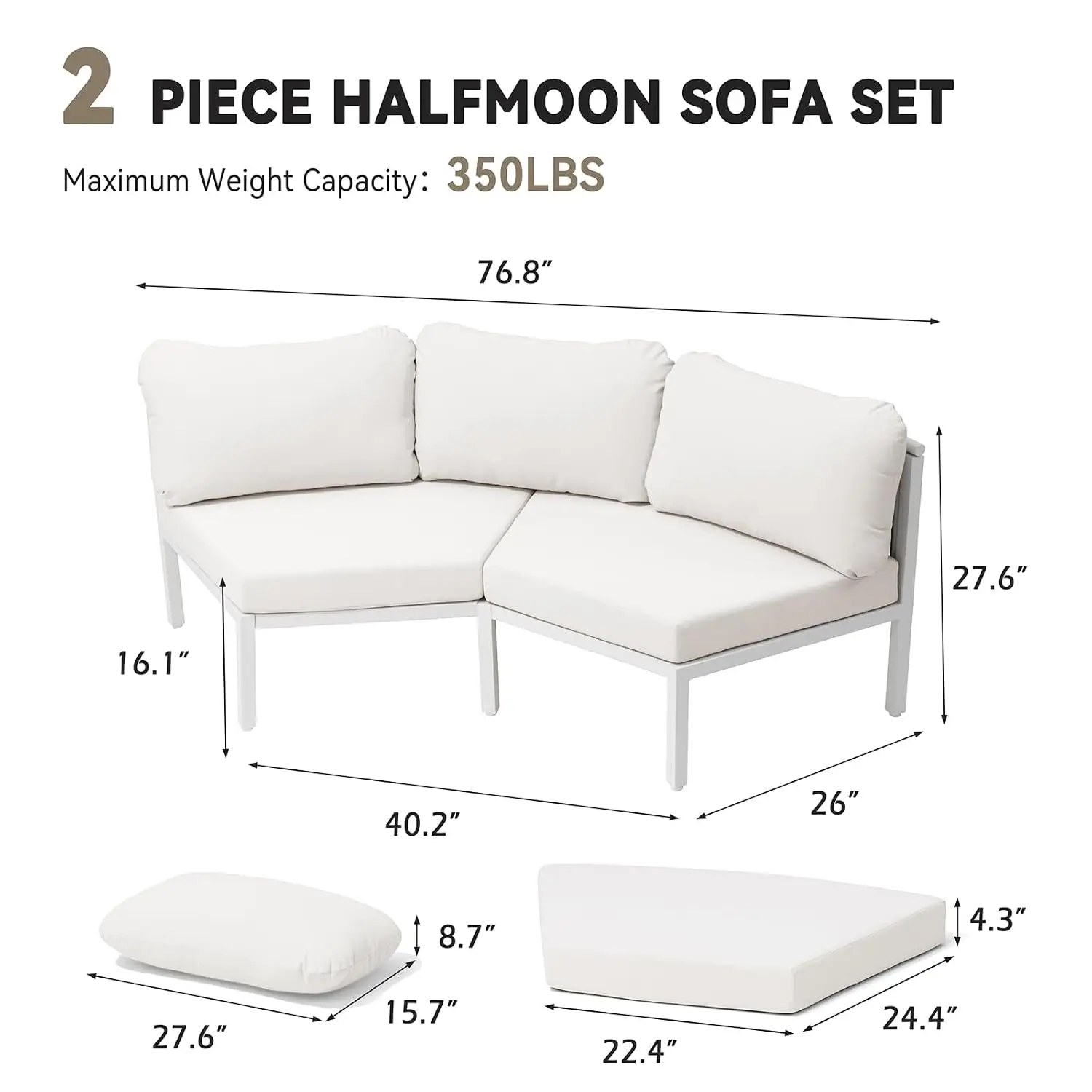 2-Seat Half-Moon Aluminum Patio Sofa Set, Outdoor Sectional, Beige, Customized