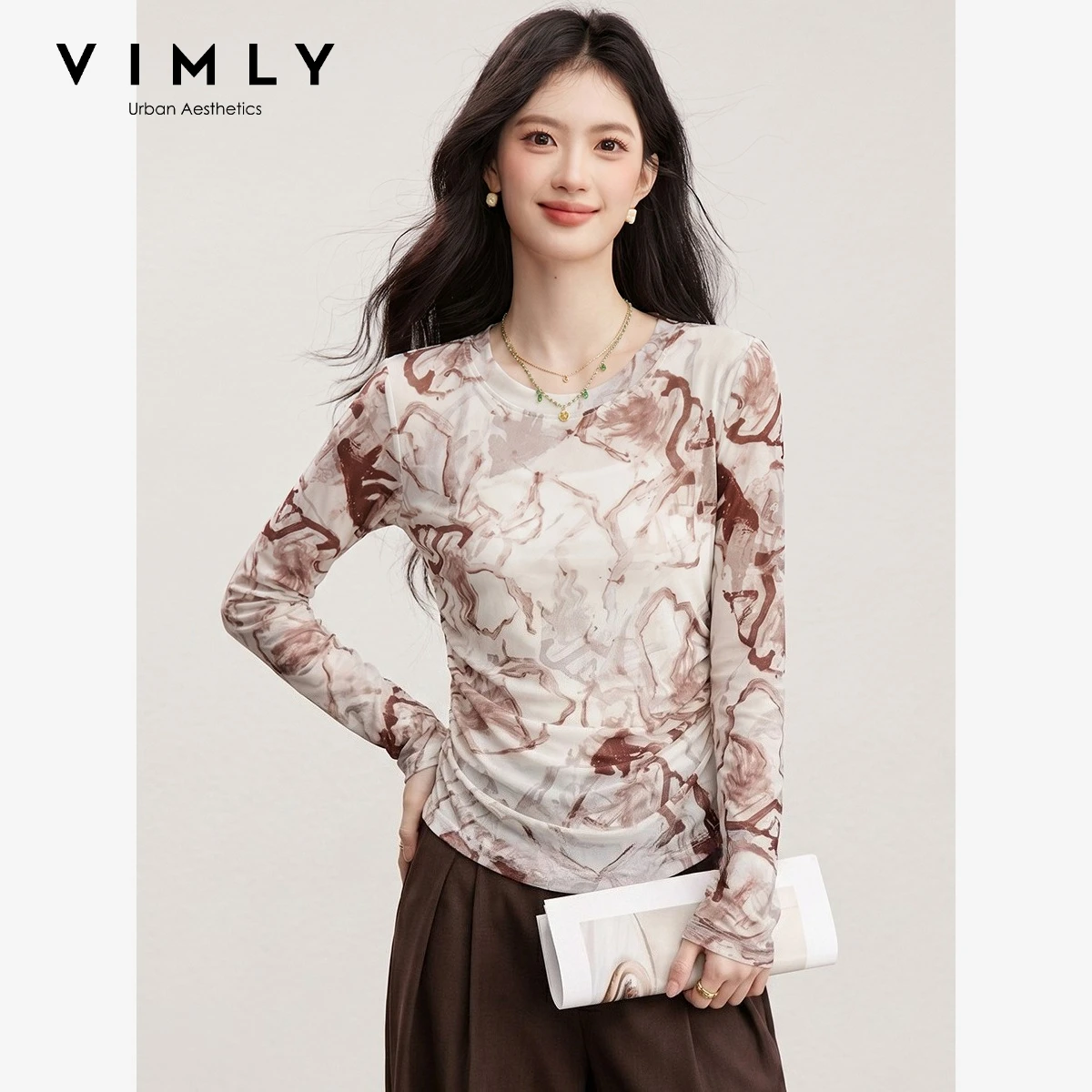 VIMLY Women's T‑shirt 2026 Fall Printed Mesh Art Long Sleeve Tees Elegant Fashion Side Waist Gathered Slim‑fit Tops Female 31550