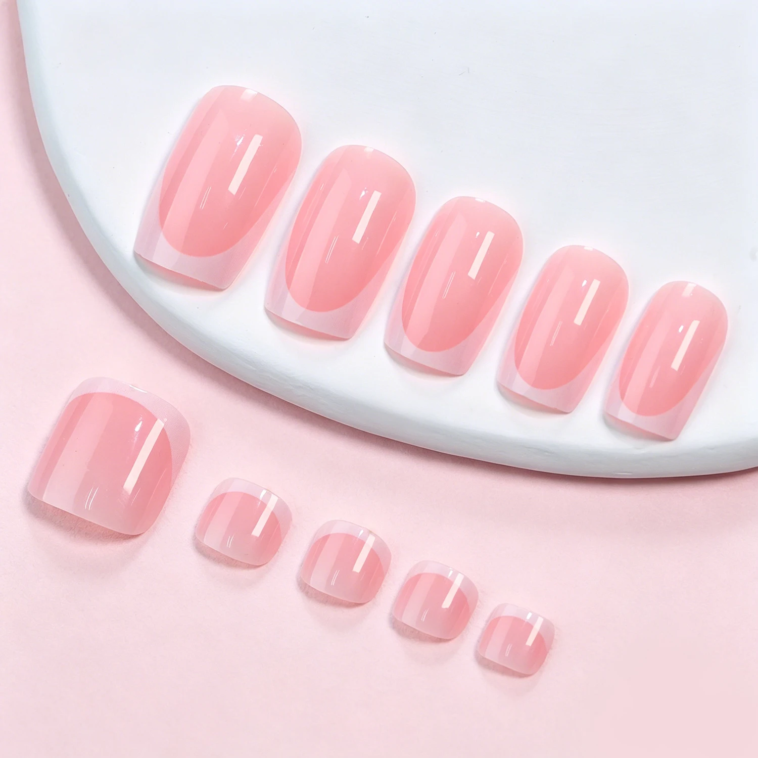 48 Stück Weiße French-Tip Aufklebenägel für Zehen und Finger, Kurze Quadratische Künstliche Hand- und Fußnägel, Glänzend Rosa, Tragbare Falsche Zehen- und Fingernägel – Detail 6