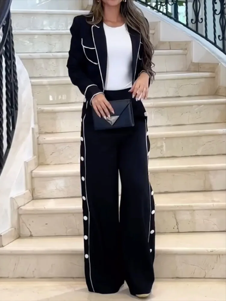 Office Lady Formal Two Pieces Sets Long Sleeves Notched Collar Blazer High Waist Side Buttoned Pants Suits For Women