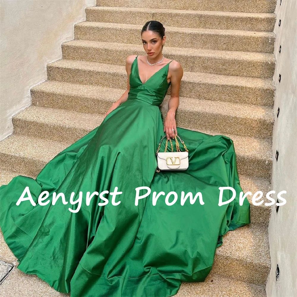 Aenyrst-vestidos de baile com alça verde simples para mulheres, linha A, decote V, vestidos de noite divididos, até o chão, vestido de festa