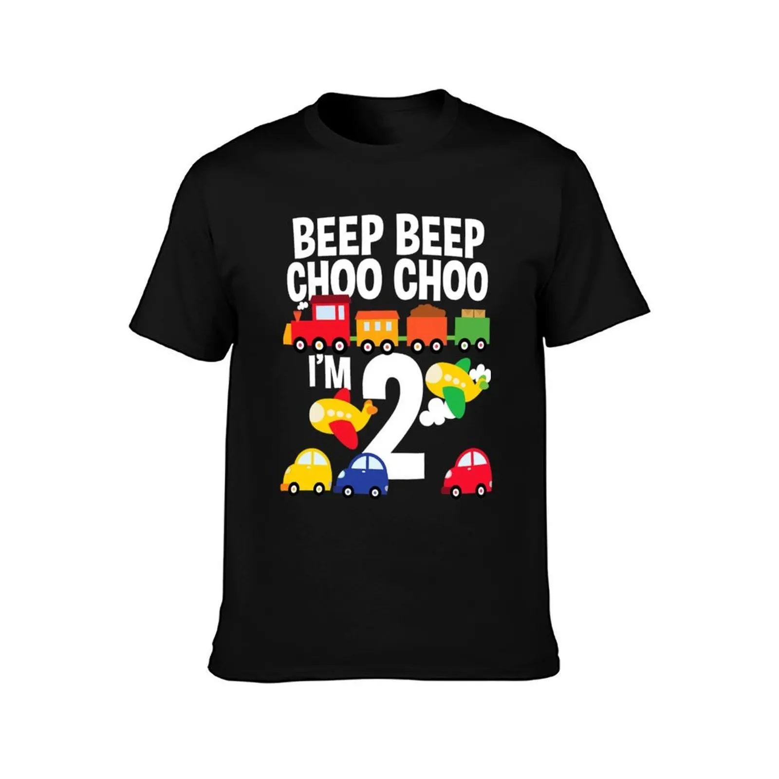 I'm 2 Birthday Boy 2nd Bday Trains Cars Airplanes T-Shirt, Summer Casual Cotton Tee, Oversized Streetwear Tops, Unisex Men Women