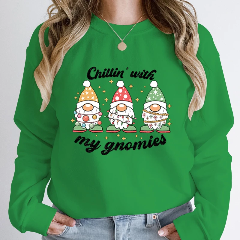 Women Hoodless Sweatshirts Christmas Light Chillin\'with My Gnomies Print Round Neck Pullover Christmas Solid Color Pullover Tops