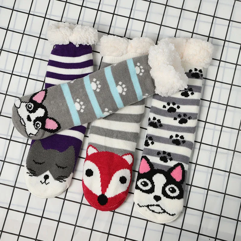 Fuzzy thermal Socks Women Winter Funny Cat Dog Cute Kawaii Non Slip Cartoon Sleeping Soft Comfy Female Floor Slippers Sock