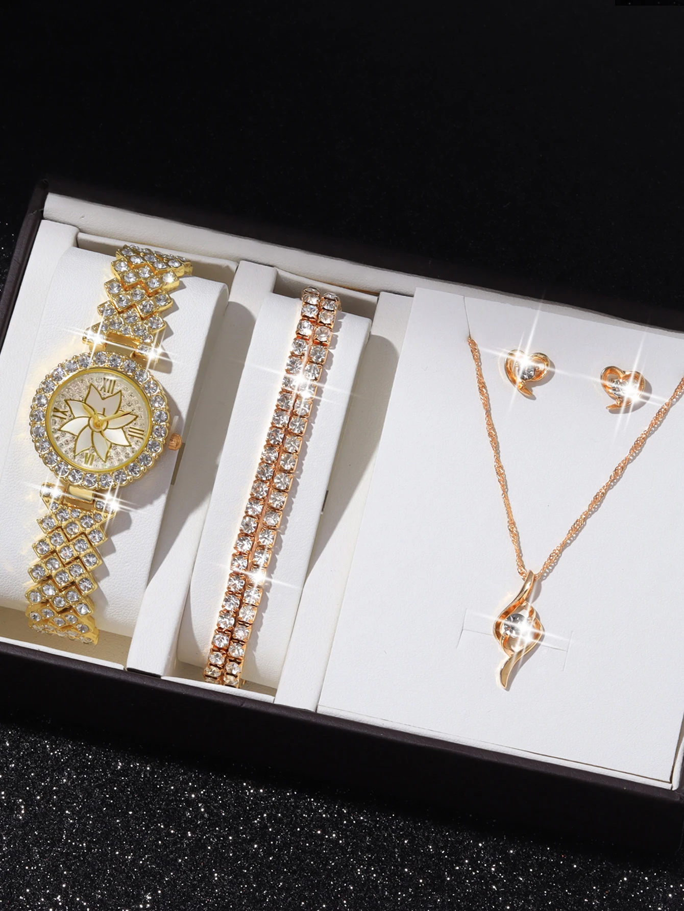 

6 шт. модный трендовый набор цветов звездного неба с алмазной римской шкалой Женская кварцевая рука + браслет ожерелье серьги набор