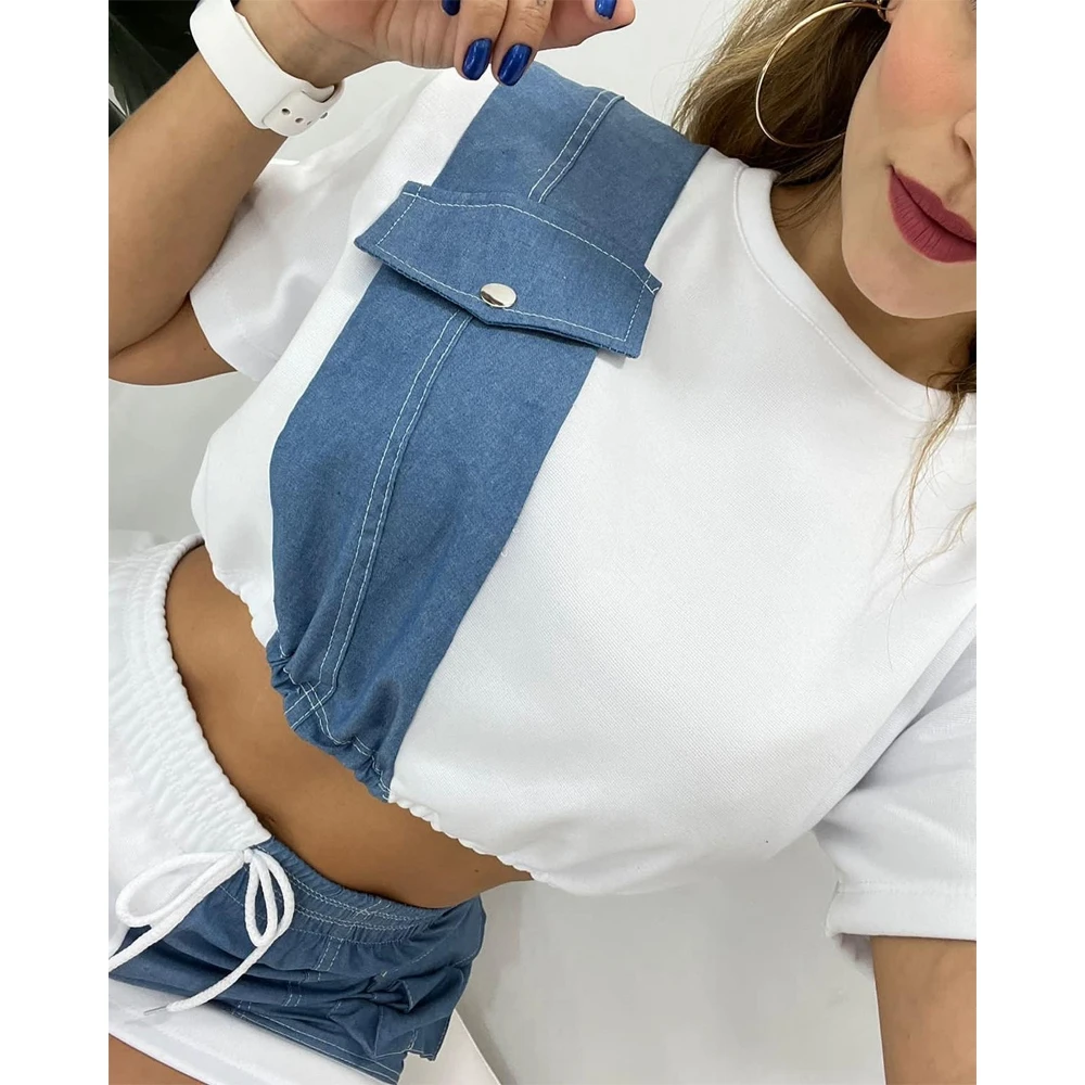 Women Denim Patch Top & Drawstring Shorts Set Female O-Neck Short Sleeve 2 Piece Casual Summer Outfits Clothing