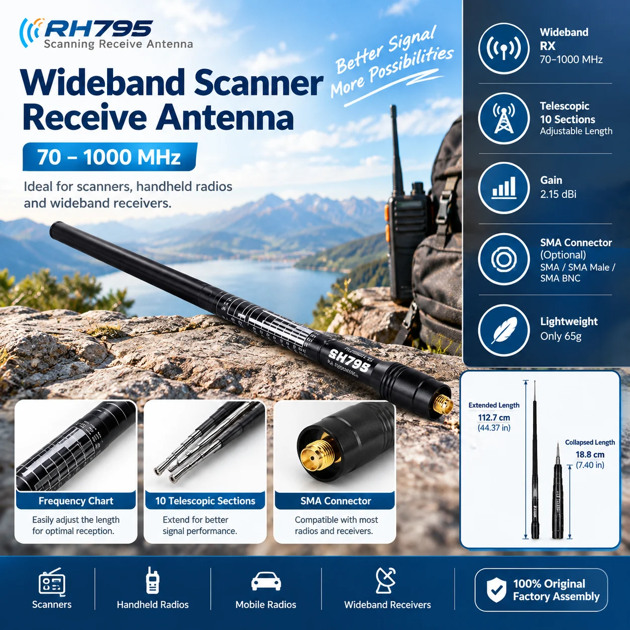 RH795 Rod Antenna 70-1000 MHz Full-Band Gain Handheld Radio Telescopic SMA Female Connector Anti-Interference Walkie Talkie
