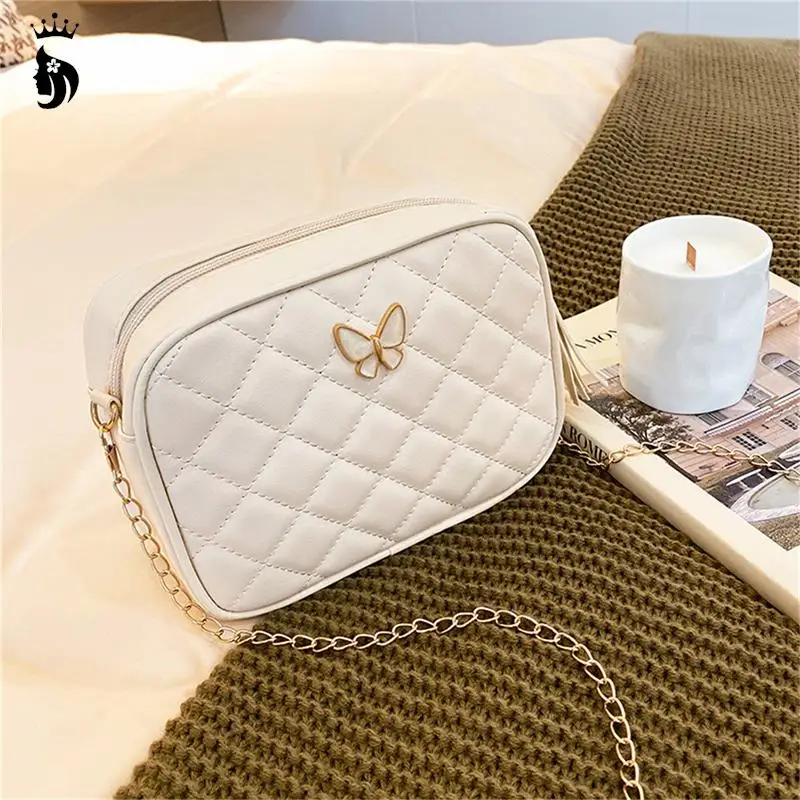 Women Small PU Leather Lingge Embroidery Crossbody Bag Causal Chain Shoulder Bag