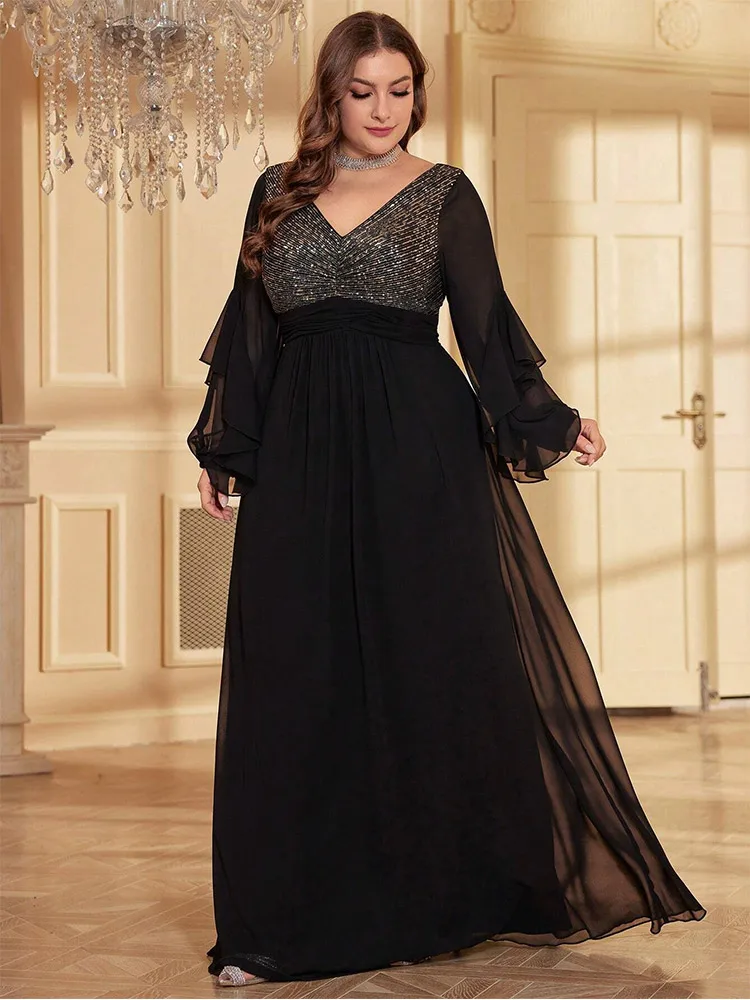 Plus Size 4XL5XLV Neck Gold Black Sequined Chiffon Long Sleeve Spring Plus Size Evening Dress Big Size Floor Dress for Women