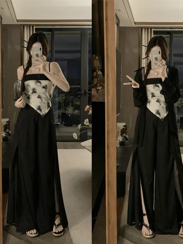 

Новый женский летний комплект в китайском стиле больших размеров: винтажный принт с эффектом водной росписи, топ-халтер, юбка с разрезом, защита от солнца, комплект из трех предметов