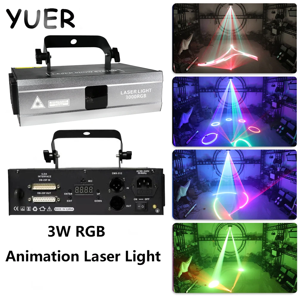 

3W RGB Animation Laser Patterns Full color Stage Light DMX512 Control Beam Strobe Show For Hat DJ Disco Music Party Scanning