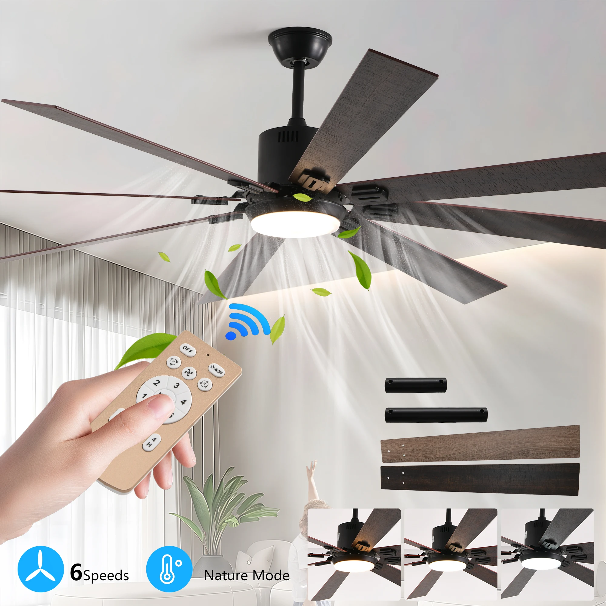 

72 Inch Walnut LED Ceiling Fan Light with 8 Wooden Blades Remote Control Adjustable Color Temperature for Living Room Bedroom