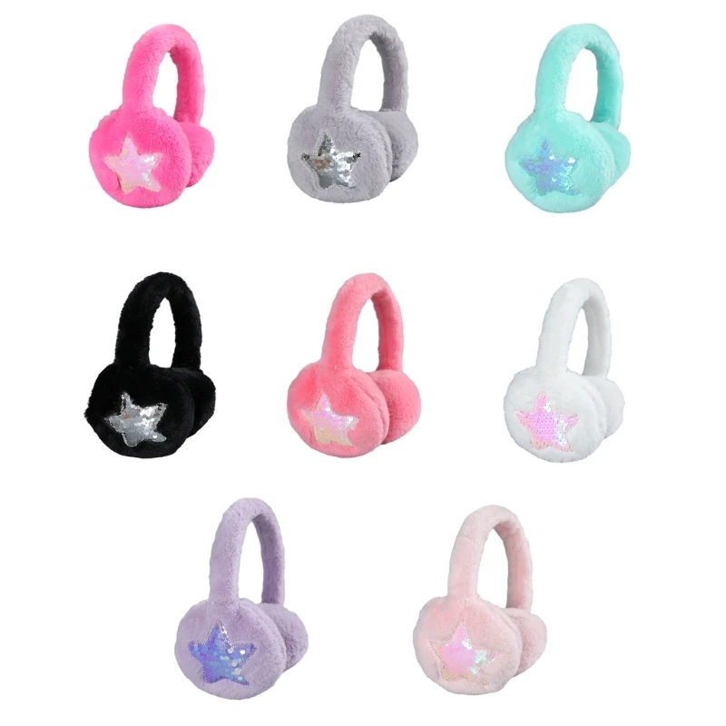 Women Plush Ear Muffs for Winter Foldable Ear Protective Ear Warmers Furry Sequins Star Ear Covers Outdoor Activity Gear