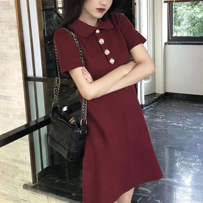 Damenbekleidung Aura Polokragen-Knopfkleider Basic Vintage Einfarbig Sommer Schlank Elegant A-Linie Taille Gestricktes Minikleid Neu