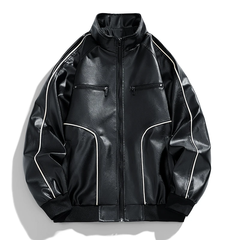 Kurtka skórzana Mężczyźni Moda Kurtki motocyklowe Stójka Pu Jesień Zima Odzież wierzchnia Casual Faux Leather Płaszcze Mężczyzna Odzież męska Top