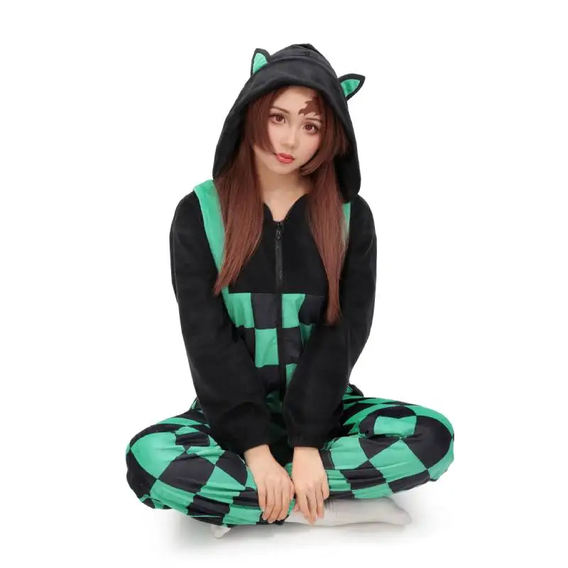 WENAM Tanjiro Inspired Onesie Pajamas Adult for Women Kamado Tanjirou Cosplay Onesie Pajamas Hooded Sleepwear Halloween