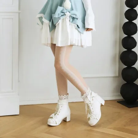 Lolita Girls Winter Boots Pink Women Bowtie Butterfly-Knot Lovely Ladies JK-Uniform Japanese Cosplay Party Wedding Shoes White