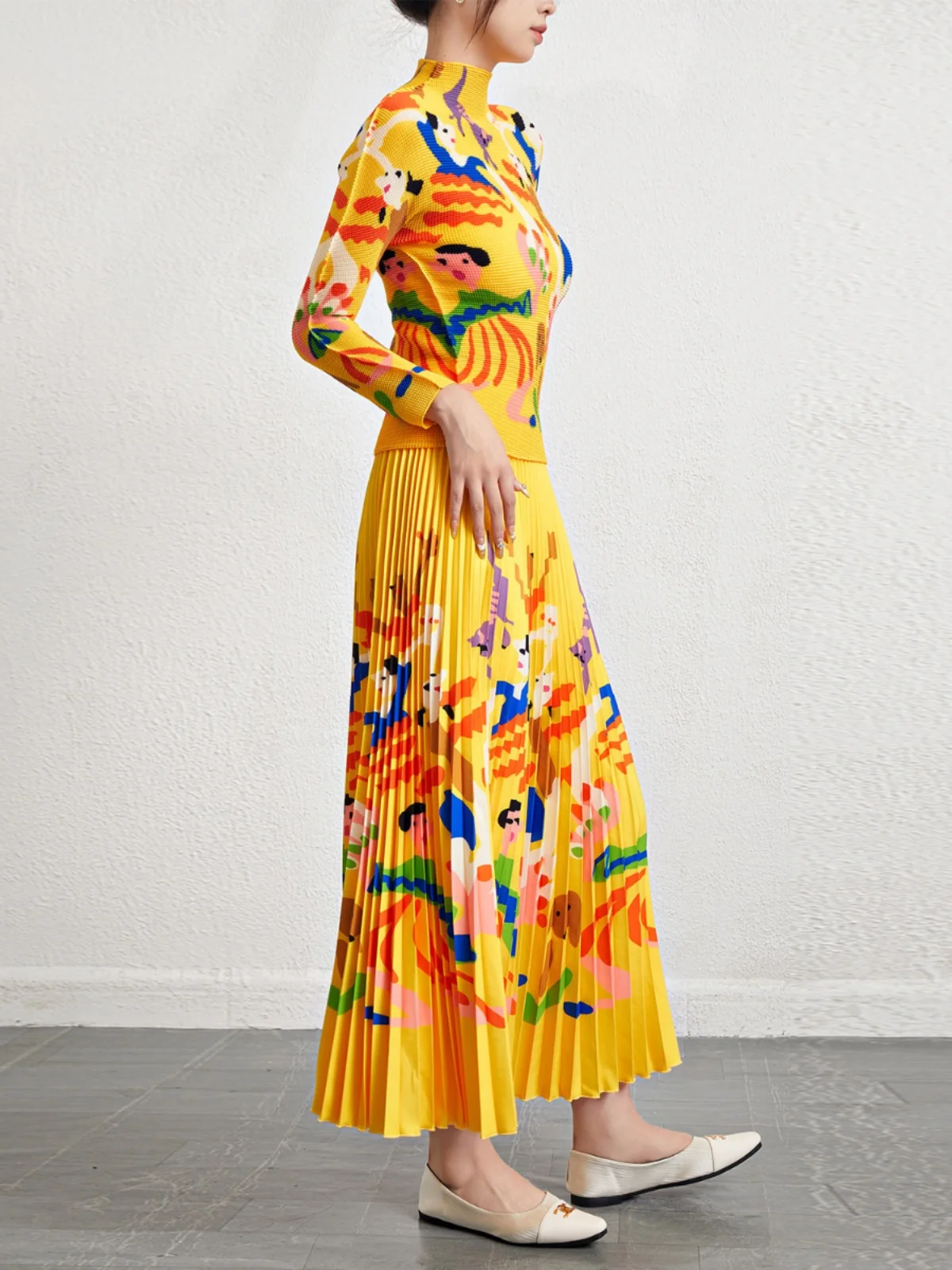 

Faionable Two-Piece Set Large Size Women's Polyester Fiber Long Sve Printed Chiffon Elastic Top f Skirt Ensemble