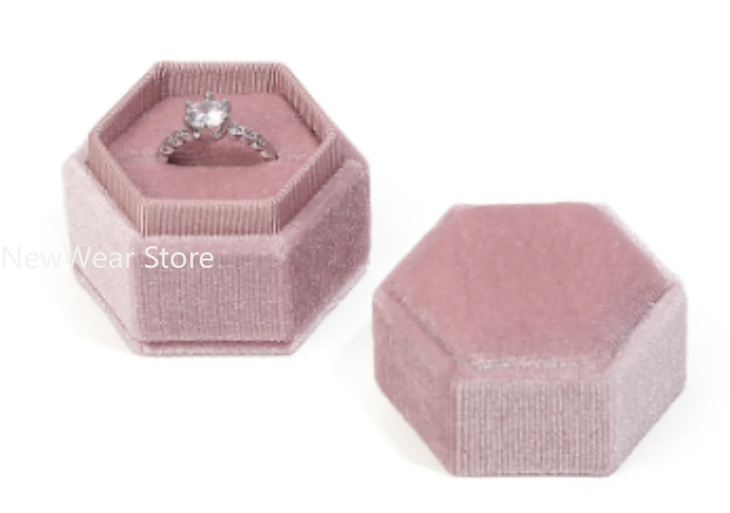 Vintage Hexagon Velvet Jewelry Double Ring Box Empty Case Holder for Engagement Wedding Ceremony Valentines Day Gift Organizer