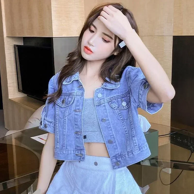 Cropped Denim Jacket Women Summer Loose Korean Solid Short Sleeve Turn Down Collar Outerwear Fashion Buttons Casual Jean Coat