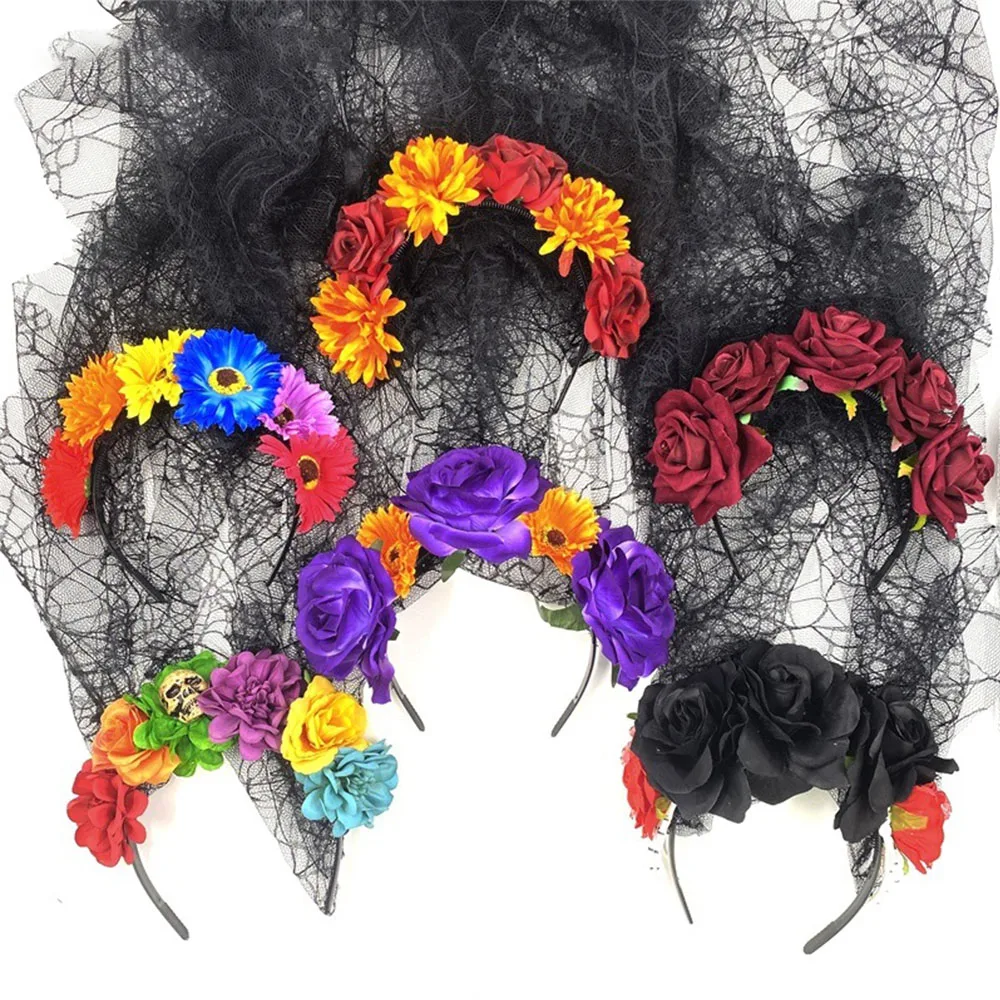 

Halloween Headband Colorful Simulated Flower Veil Headwear Dark Skull Undead Hair Accessories