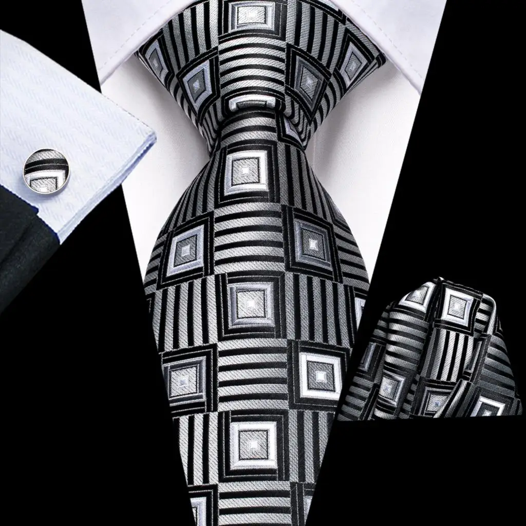 Black Silver Plaid Silk Wedding Tie For Men Handky Cufflink Gift Men Necktie Fashion Business Party Dropshiping Hi-Tie Designer