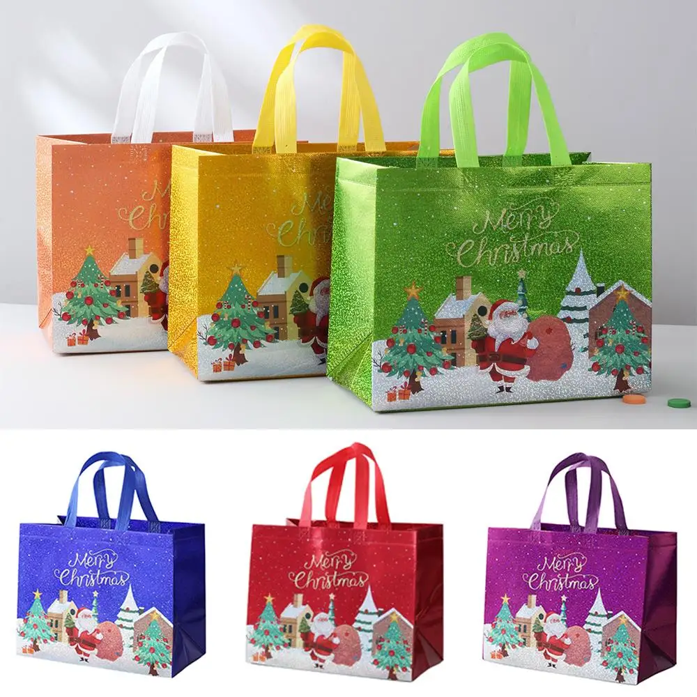 Christmas Reusable Gift Bags with Handles Non-wove Laser Christmas Tote Bags Treat Bags Gifts Wrapping Shopping Xmas Party Decor