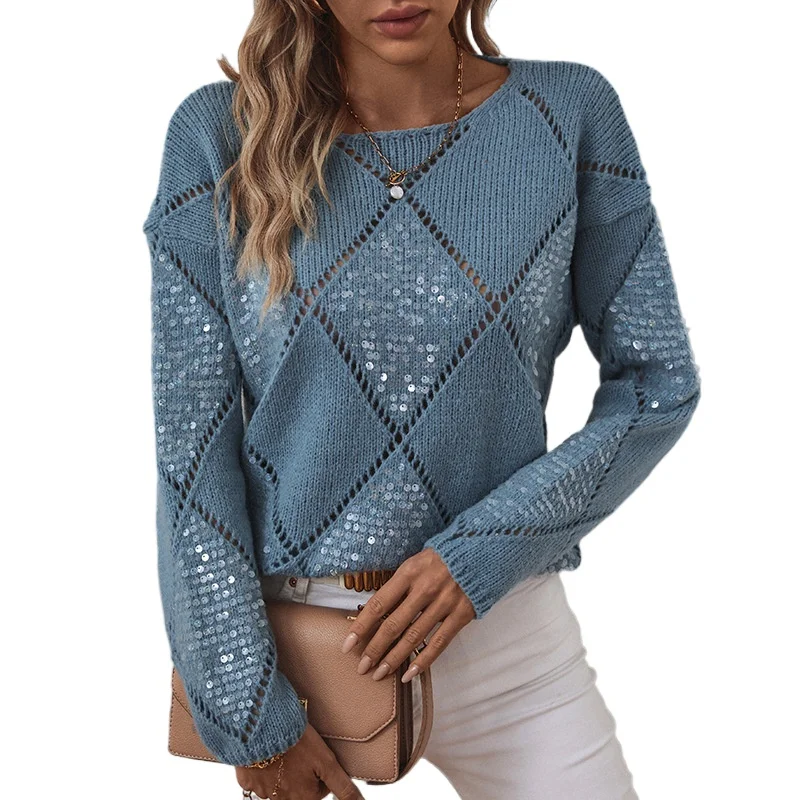

Fashion hollow sequined knitted sweater women's European and American cross-border diamond pullover loose sweater women