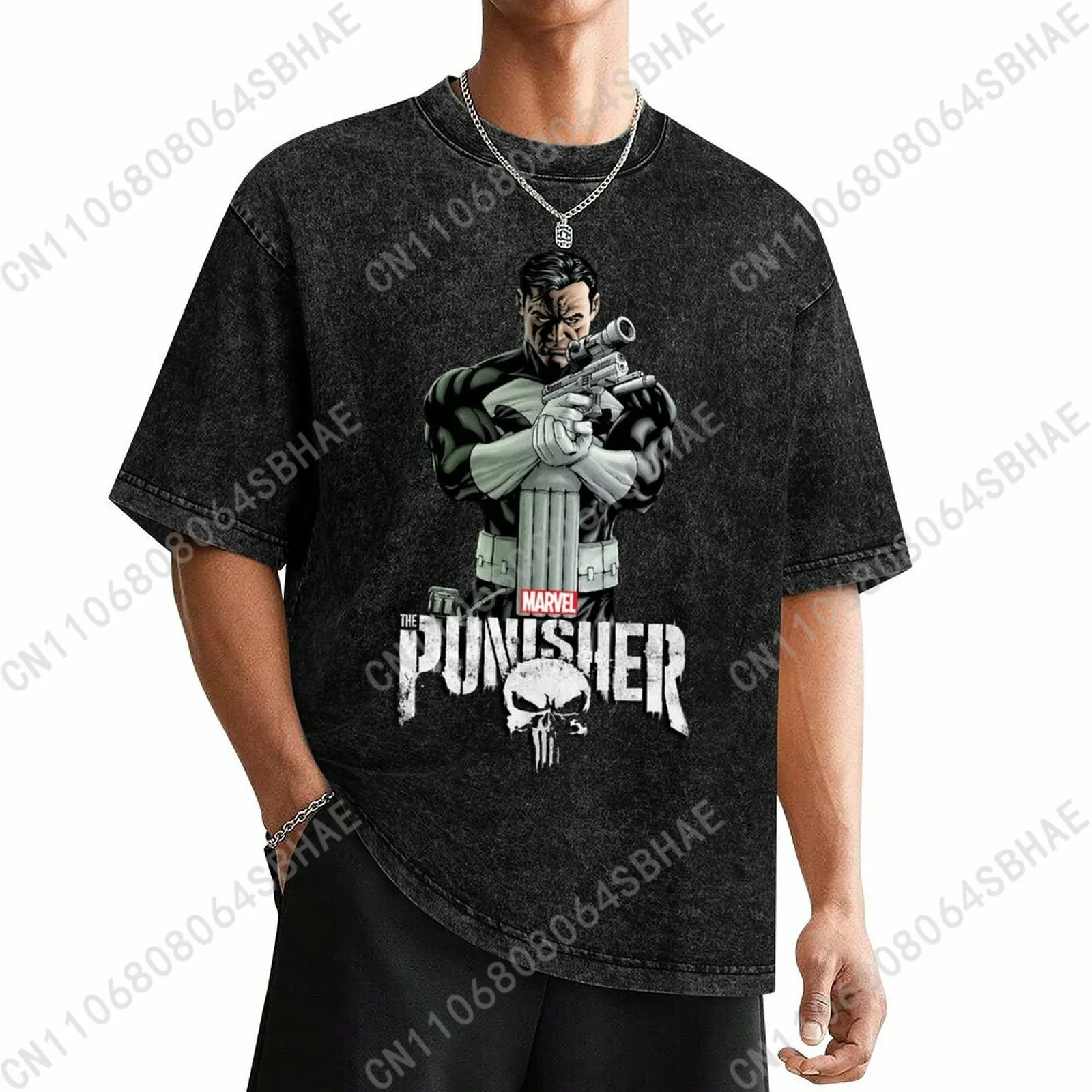 

Marvel The Punisher Custom Mens Vintage T Shirt Washed Distressed Tee Men Retro Short Sleeve Personalized Cotton Shirt Cosplay