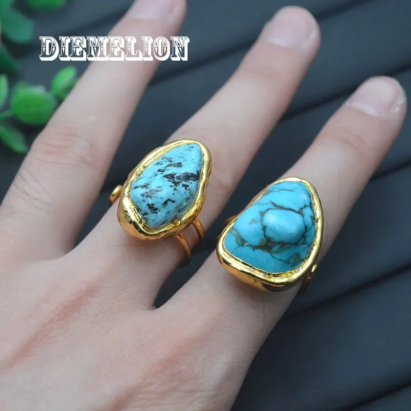 18K Vergulde Turquoises Ringen Onregelmatige Ruwe Minerale Blauwe Howliet Steen Verstelbare Ring Voor Man Vrouwen Feest Bruiloft Sieraden