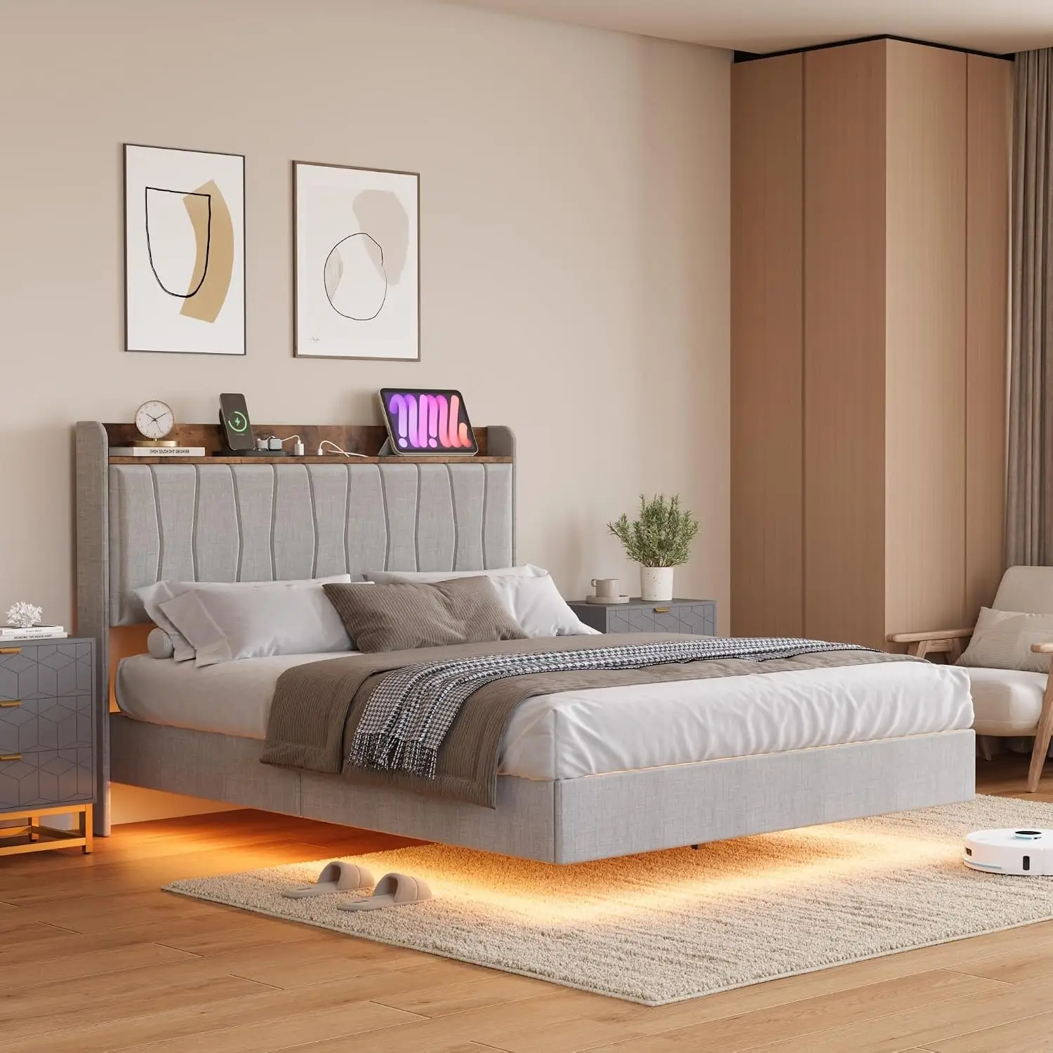 Full Platform Bed Frame Storage Headboard LED USB Charging Wood Slats No Box Spring Easy Assembly, Customized