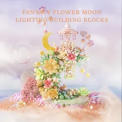 SEMBO Teacup Flower Waterfall Light Music Box Building Blocks Plants Moon Model Fantasy Home Decoration Toys Gift for Girlfriend