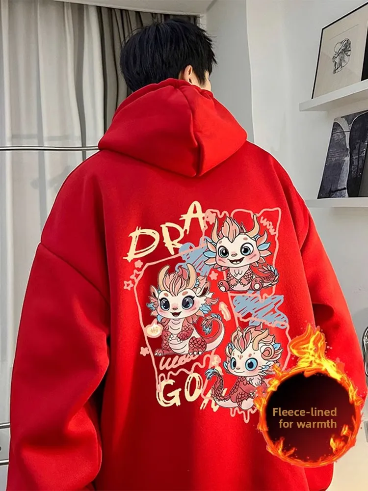 

Red Hoodie Men's Autumn Winter Cisas 2024 Dragon Year Couple's Outerwear Casual American Sle Fce Lined Loose Fit