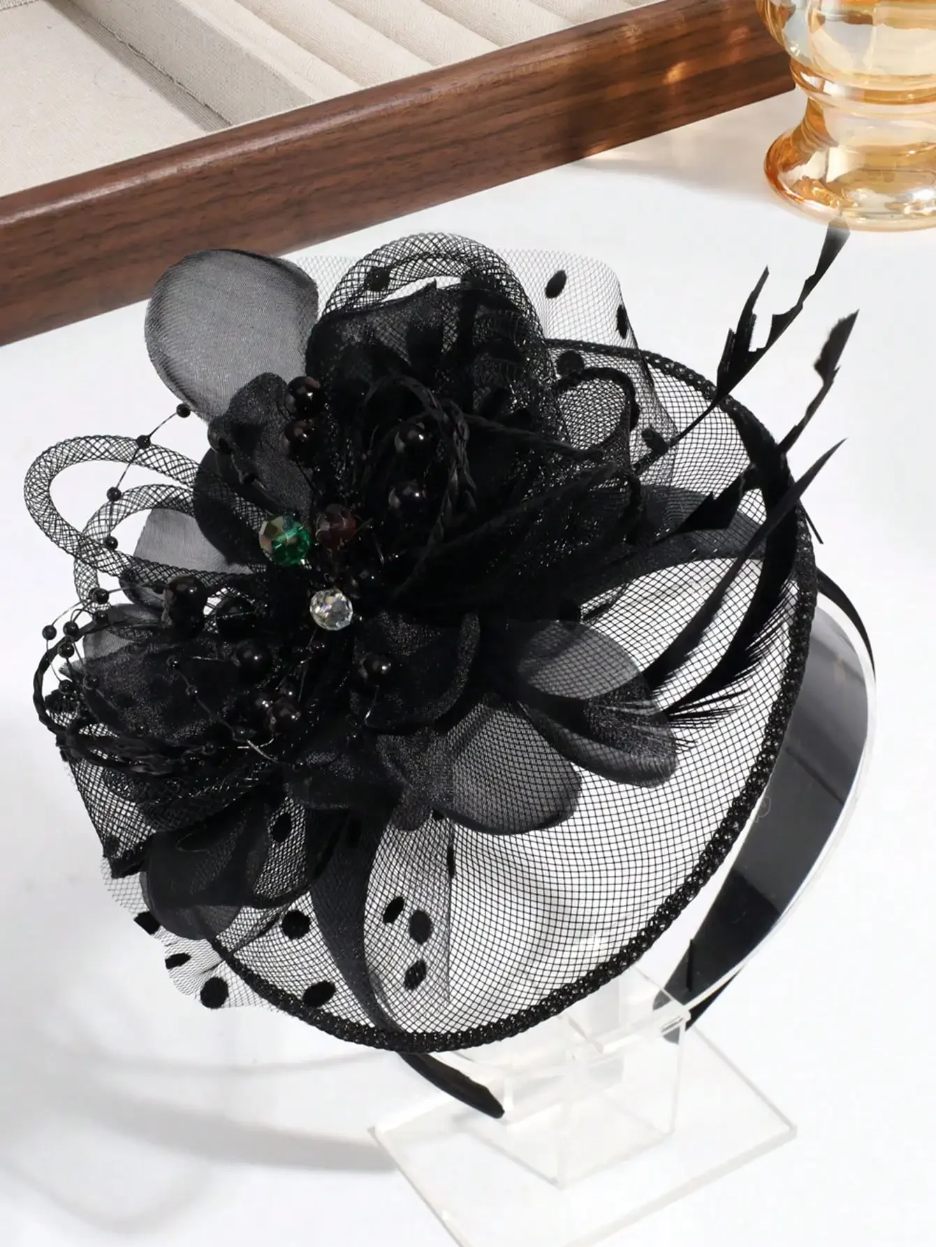 

1pc Women's Elegant Veil Headband With Feather Flower, Faux Pearl & Rhinestone Decor, Suitable For Daily Wear And Gatherings,