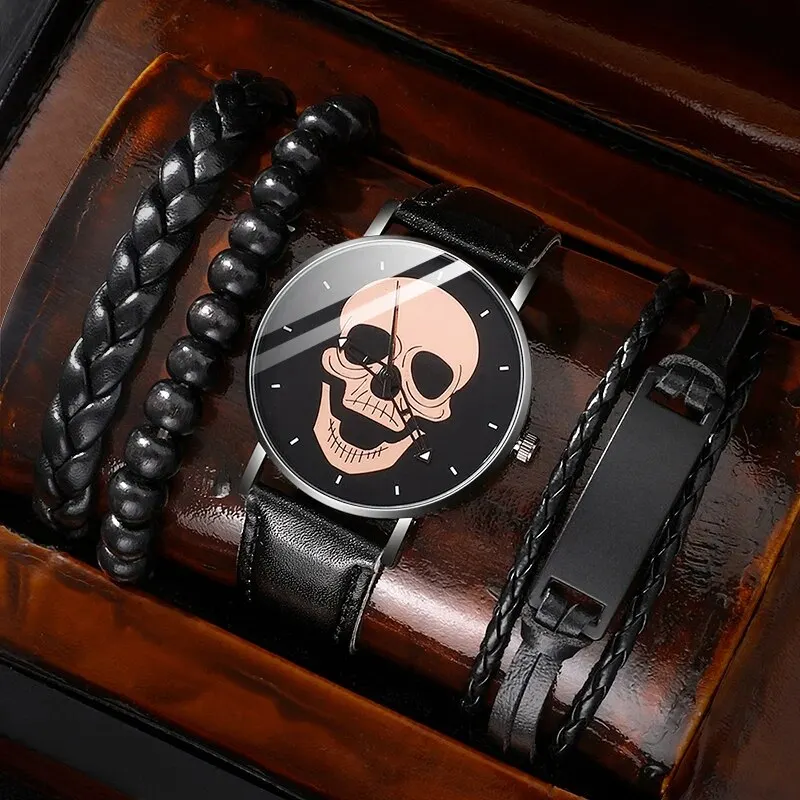 4Pcs Set Men Black Watches Fashion Skull Round Dial Design Luxury Leather Strap Analog Quartz Wrist Watch Mens Sport Watches