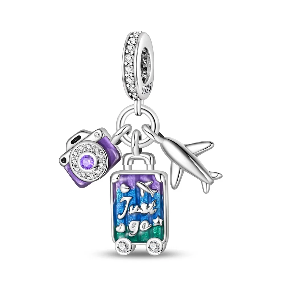 

Fashionable 925 Sterling Silver Camera Plane Travel Luggage Triple Charm Fit Bracelet Necklace Women's Daily DIY Accessories