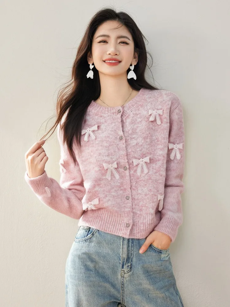 

2025 Autumn Sweet Bow Cropped Knitted Cardigan Sweater Women Korean Style Simple O-Neck Long Sleeve Knitwear Tops Ladies Jumpers